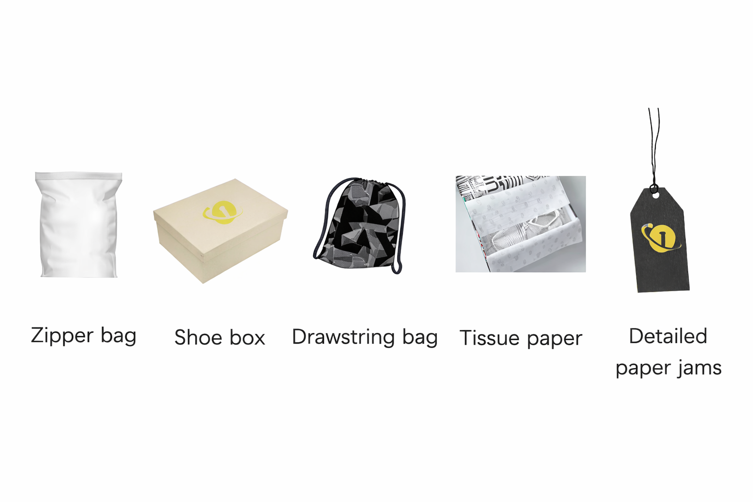 Custom packaging: branded box, hang tag, barcode, zipper bag, tissue paper