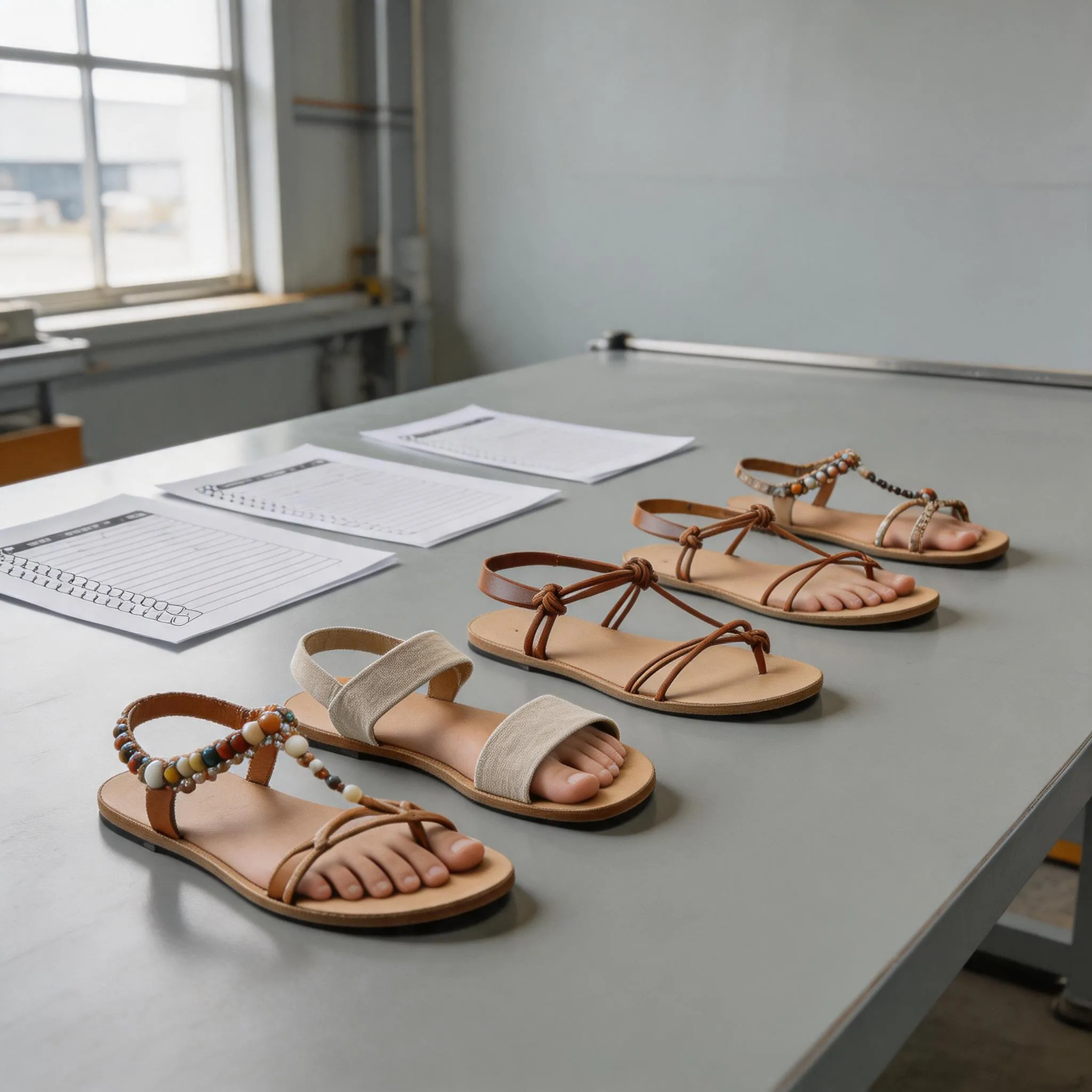 Barefoot Shoe Pull Tab Tearing? 3 Factory Fixes Under $0.15 5 Hyper-realistic product photography, collection of customized barefoot sandals displayed on a clean factory verification table with quality control checklists, bright natural lighting, professional industrial style, no text, no brand logo
