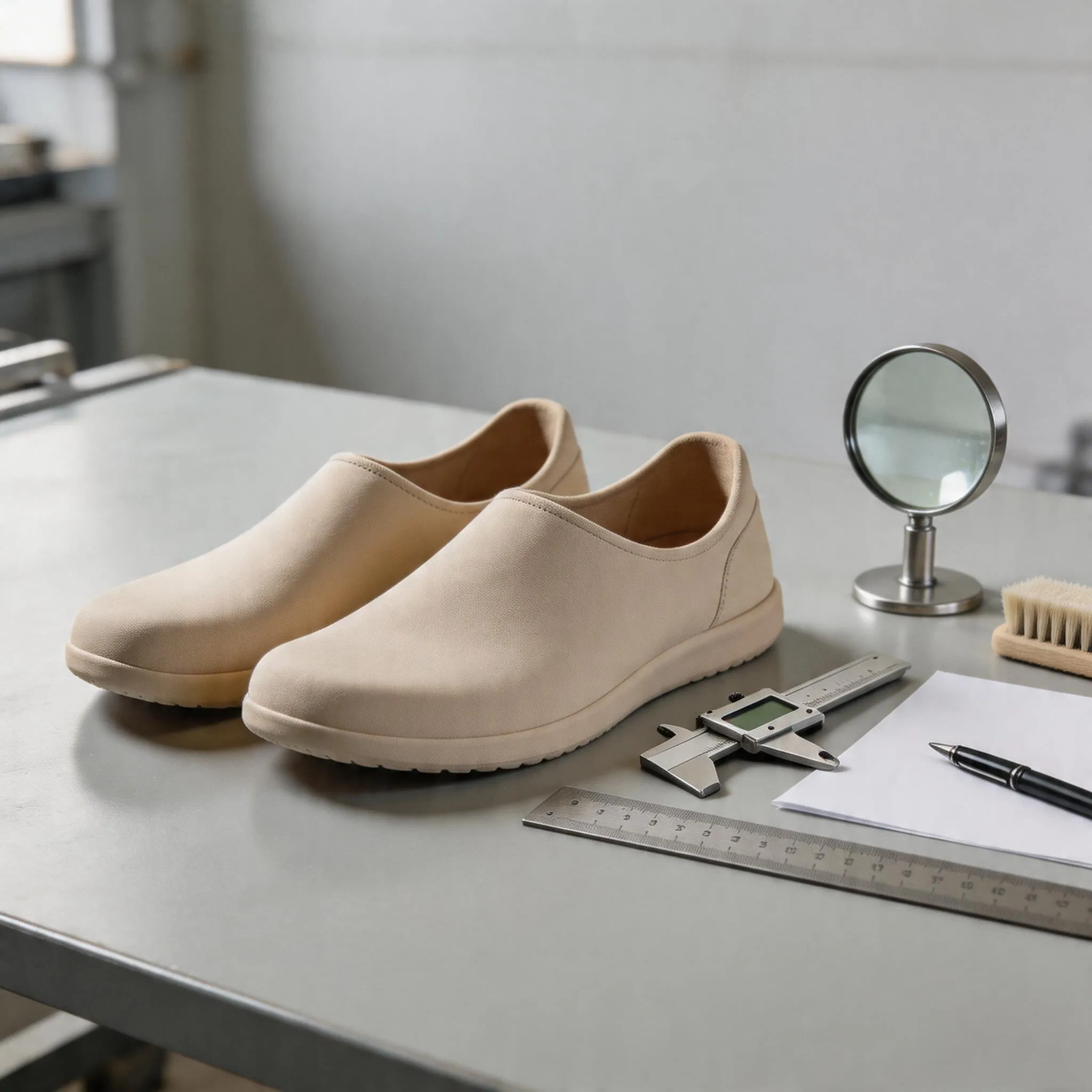 Hyper-realistic product photography of high-quality barefoot shoes with zero-drop soles arranged on a clean factory inspection table with quality control tools, soft natural lighting, minimalist professional style, no text, no brand logo