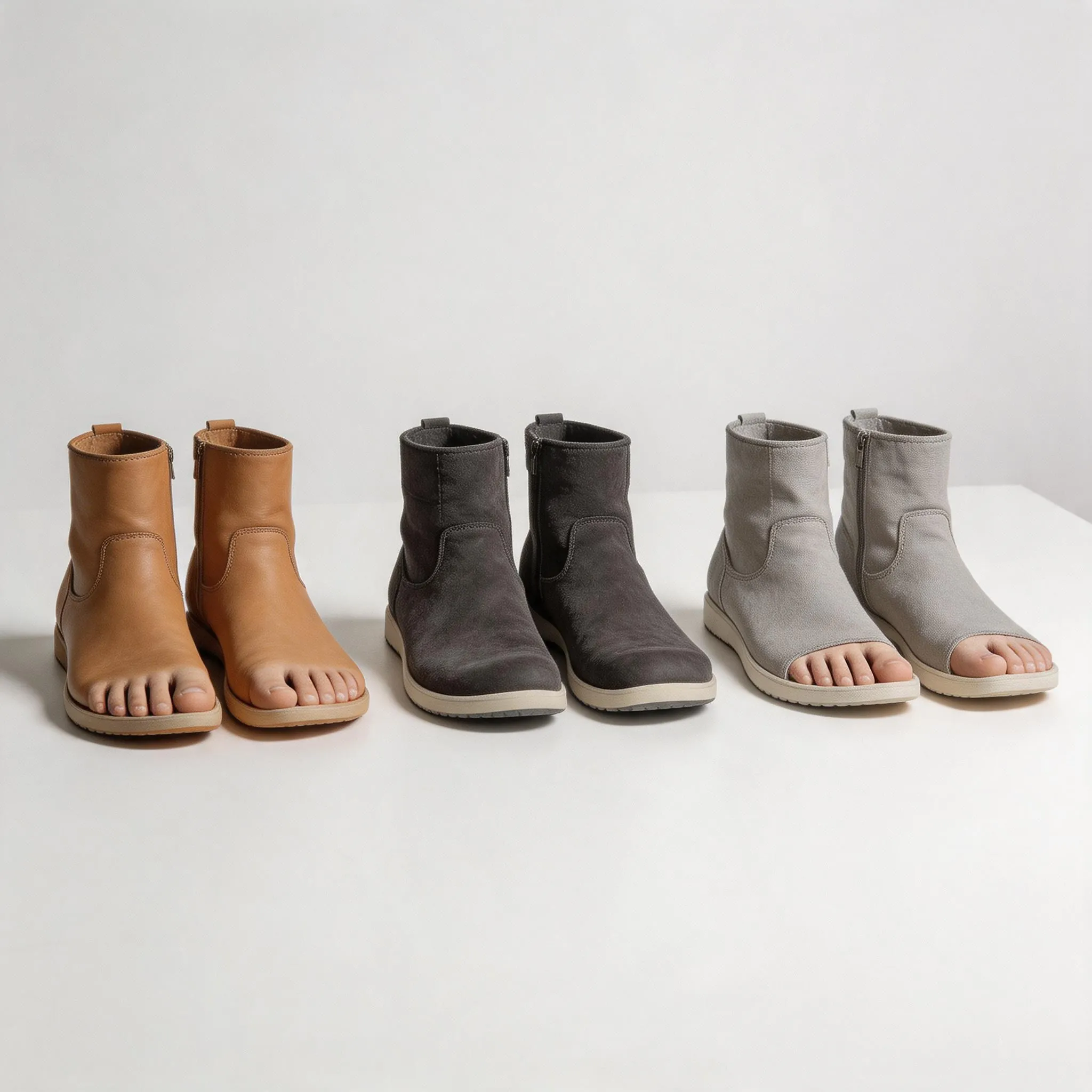 Barefoot Shoes Odor Prevention: 3 OEM Material Fixes 2 Hyper-realistic product photography, professional barefoot boots collection displayed on minimalist white surface, bright studio lighting, clean composition, no text, no brand logo