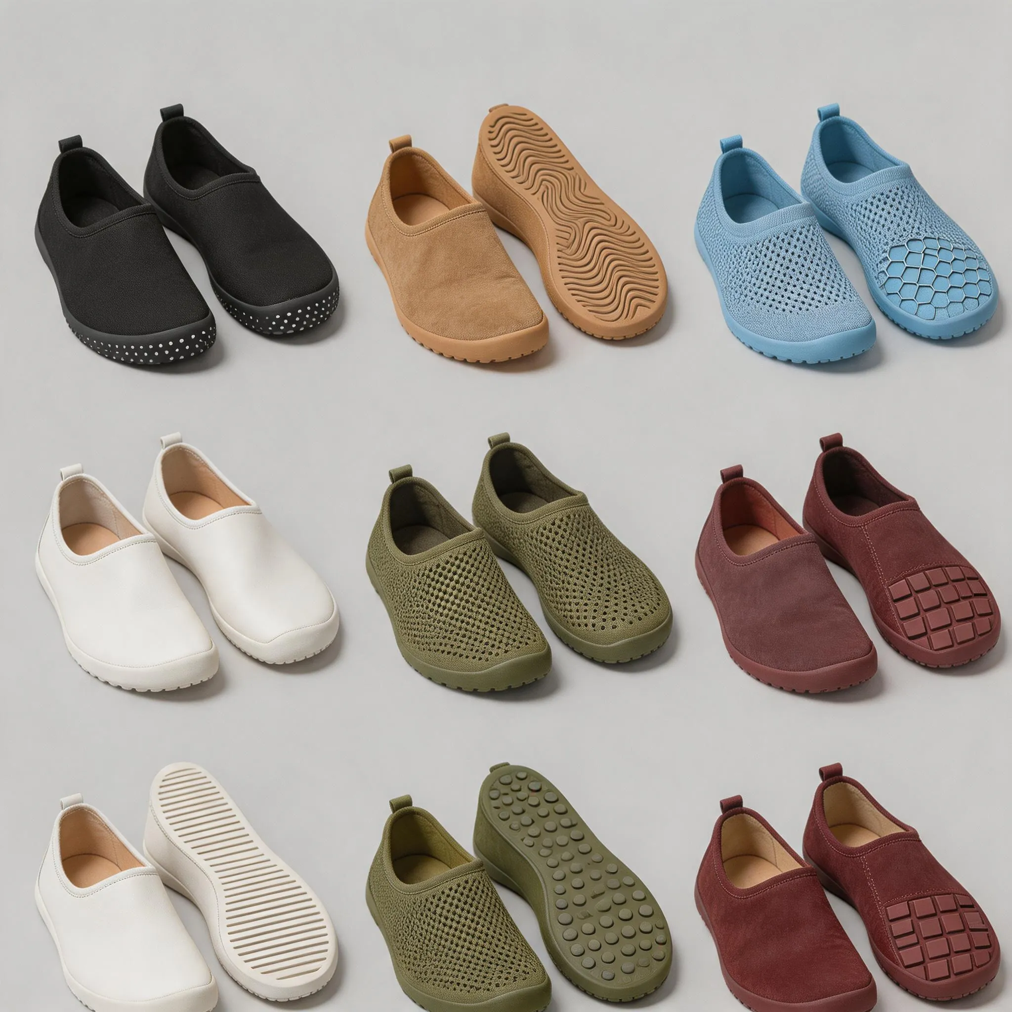 Hyper-realistic product photography, various barefoot shoe samples displaying different customization options including colors, materials, and sole patterns, arranged in organized grid on neutral background, bright studio lighting, clean composition, no text, no brand logo